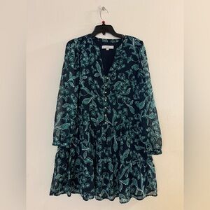 LOFT Women's Navy and Teal Floral Long Sleeve Dress